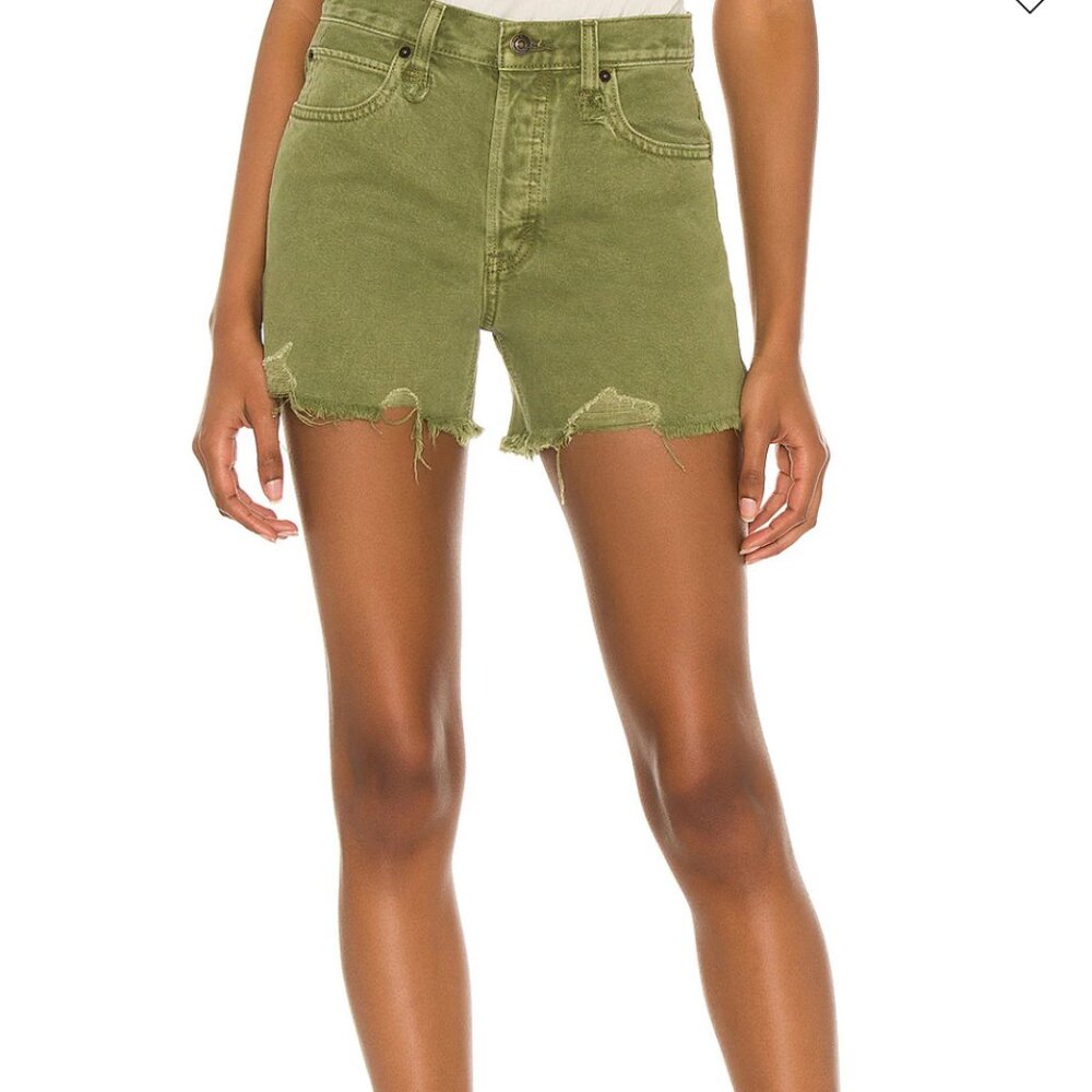 FREE PEOPLE Makai Ripped Cutoff Denim Shorts In Green